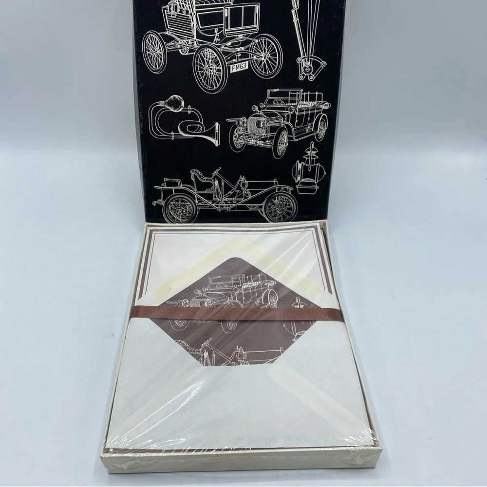 Vintage AMERICAN GREETINGS Stationery BOX Old Cars Notepaper Fold Envelopes USA